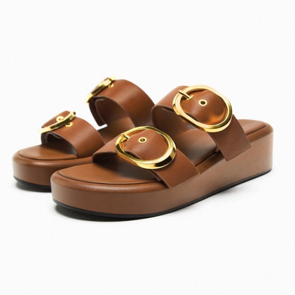 ZARA BUCKLED LEATHER WEDGE SANDALS BROWN SIZE 10 | 1316/110